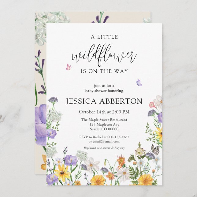 Invitación Un pequeño Baby Shower neutro rosa azul flor silve (Anverso / Reverso)