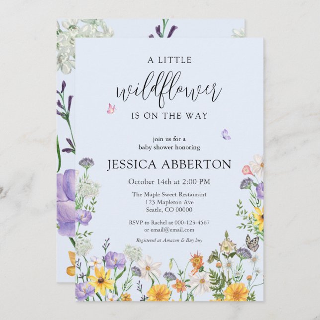 Invitación Un pequeño Baby Shower neutro rosa azul flor silve (Anverso / Reverso)