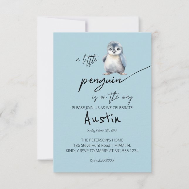 Invitación Un pequeño Baby Shower pingüino (Anverso)