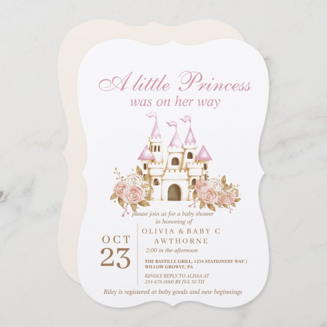 Invitación Un pequeño Baby Shower Princesa Castillo de Oro Ro (Anverso / Reverso)
