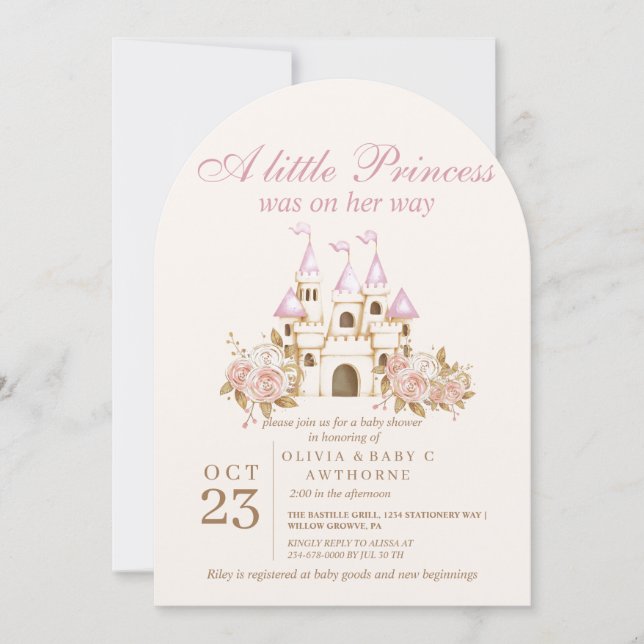 Invitación Un pequeño Baby Shower Princesa Castillo de Oro Ro (Anverso)