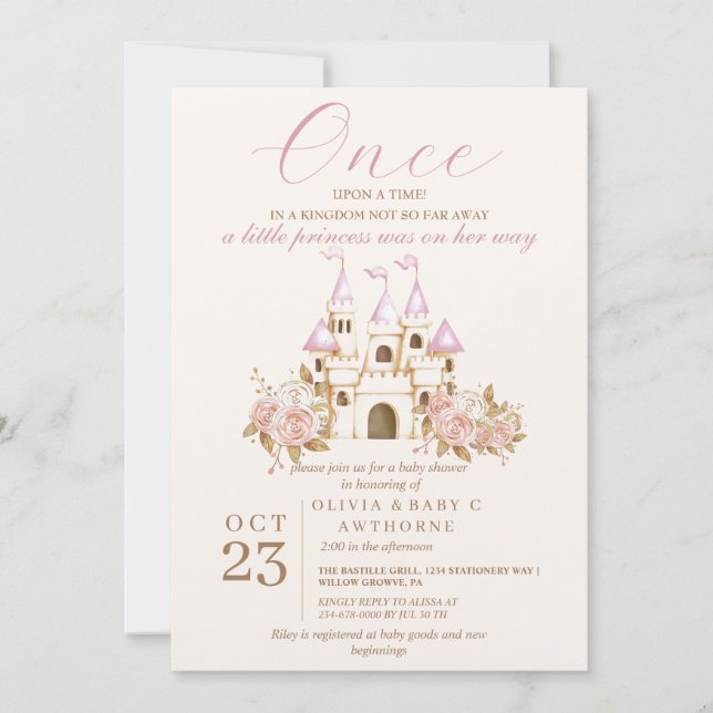 Invitación Un pequeño Baby Shower Princess Pink Castle Floral (Anverso)