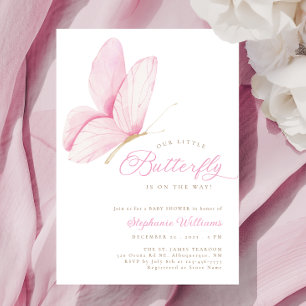 Invitación Un pequeño Baby Shower rosa de mariposa