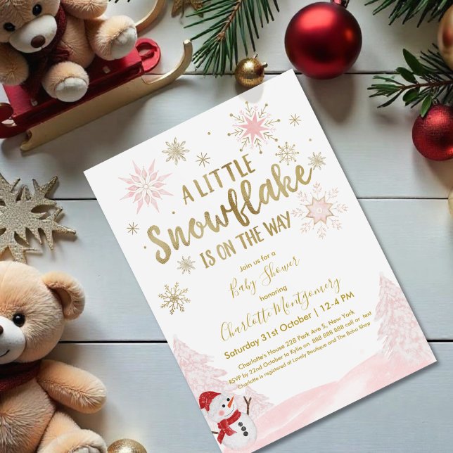 Invitación Un pequeño Baby Shower rosado con copo de nieve (Subido por el creador)