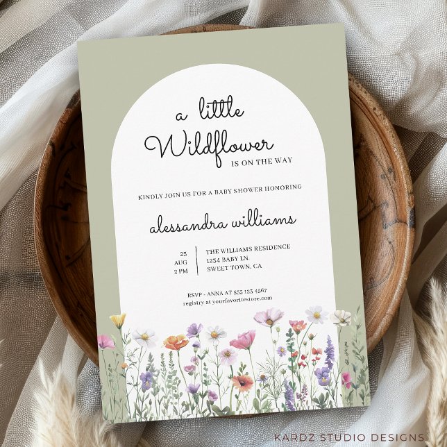 Invitación Un pequeño Baby Shower verde de flores silvestres (Front of the invitation shown in 5x7-inch. Choose size, paper, and corner style.
)