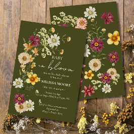 Invitación Un pequeño Baby Shower verde de flores silvestres