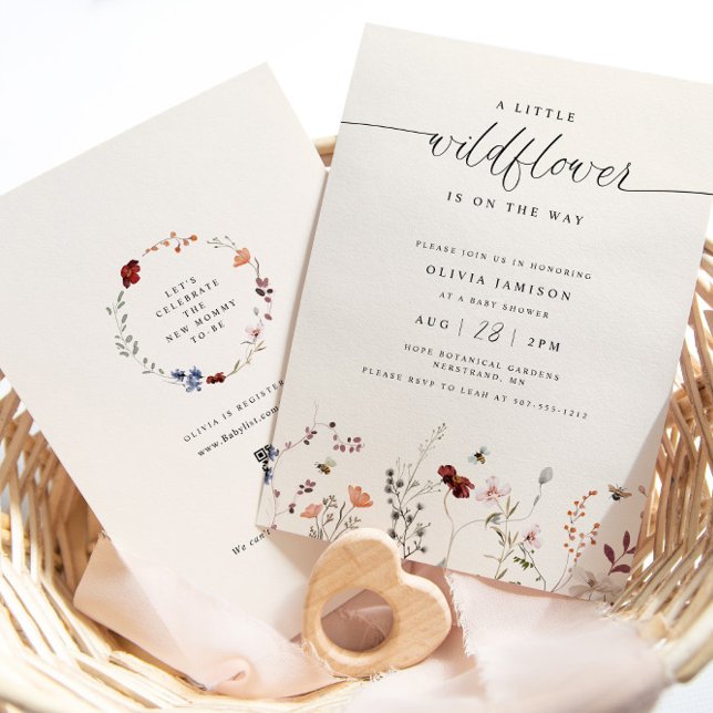 Invitación Un pequeño Boho de Flores Silvestres en Baby Showe (Boho A Little Wildflower is on the Way Baby Shower Inivtation with Bees - QR Code Registry on Back)