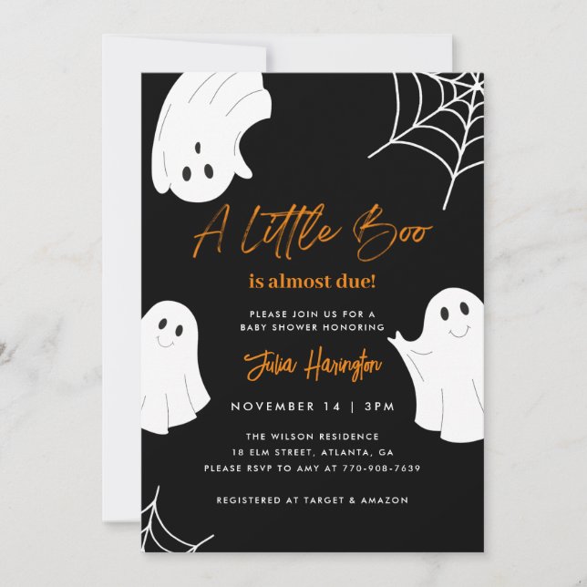 Invitación Un pequeño Boo Black Halloween Baby Shower (Anverso)