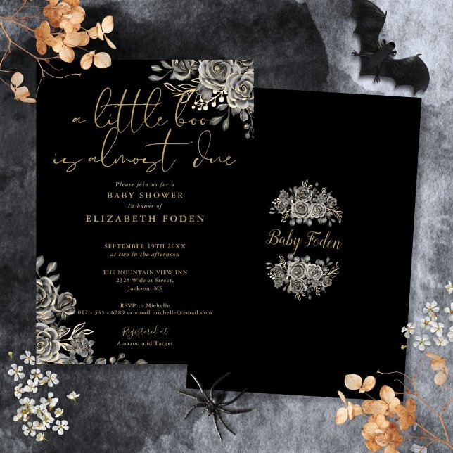 Invitación Un pequeño Boo Gothic Floral Halloween Baby Shower (A Little Boo Gothic Floral Halloween Baby Shower Invitation)