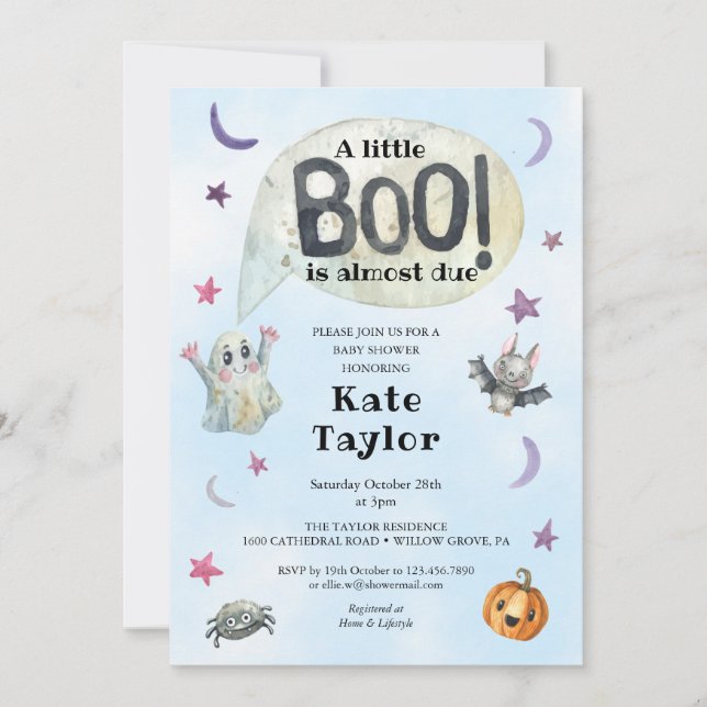 Invitación Un pequeño Boo Halloween Blue Baby Shower (Anverso)