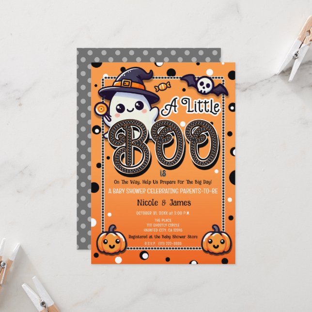 Invitación Un pequeño Boo Polka hace Baby Shower de Halloween (Anverso/Reverso In Situ)