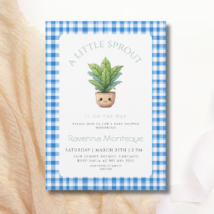 Invitación Un pequeño brote planta Baby Shower de cuadros azu