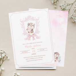 Invitación Un pequeño búho, escudos rosados, dobla un espectá