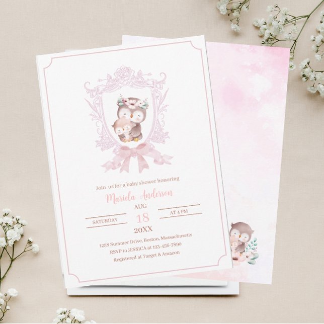 Invitación Un pequeño búho, escudos rosados, dobla un espectá (Subido por el creador)