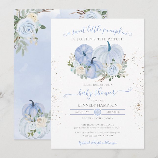 Invitación Un pequeño calabaza azul Chica Baby Shower (Anverso / Reverso)