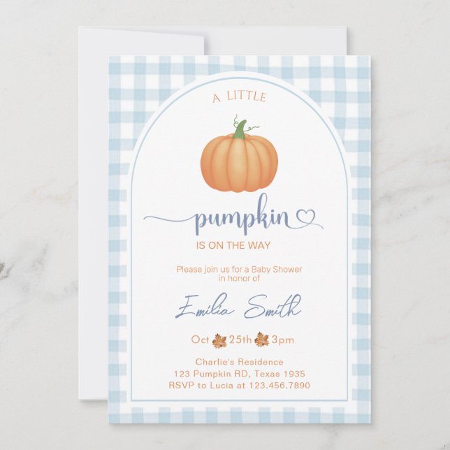 Invitación Un pequeño calabaza azul Gingham Autumn Baby Showe (Anverso)