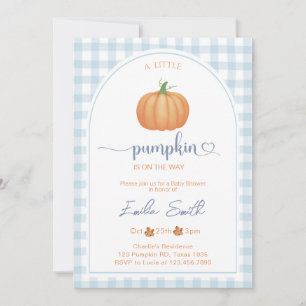 Invitación Un pequeño calabaza azul Gingham Autumn Baby Showe