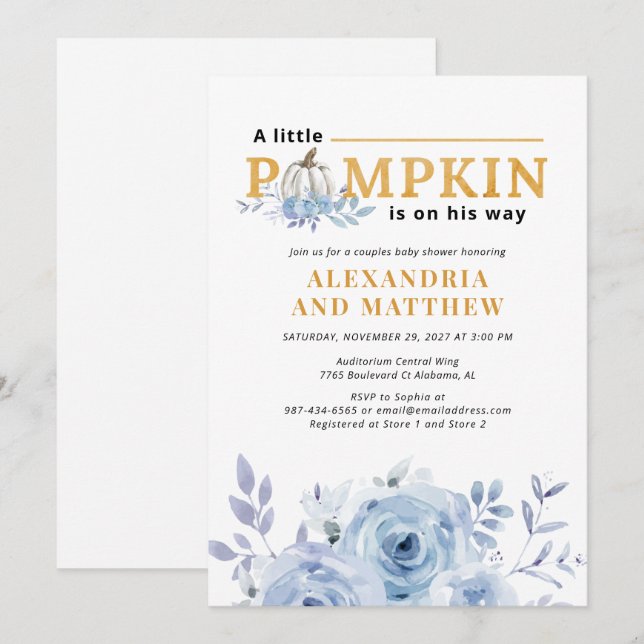 Invitación Un pequeño calabaza azul Lilac Boys Baby Shower Fl (Anverso / Reverso)