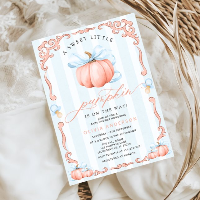 Invitación Un pequeño calabaza cae Blue Bow Boy Baby Shower (Subido por el creador)