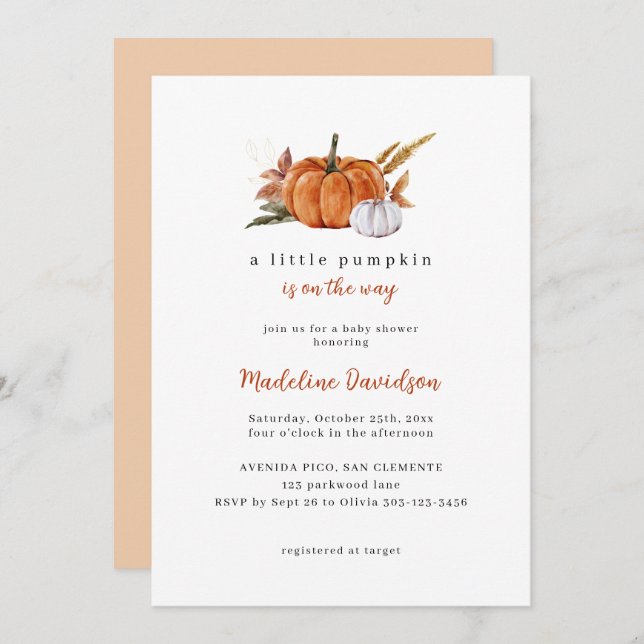 Invitación Un pequeño calabaza Cae en el otoño de Baby Shower (Anverso / Reverso)