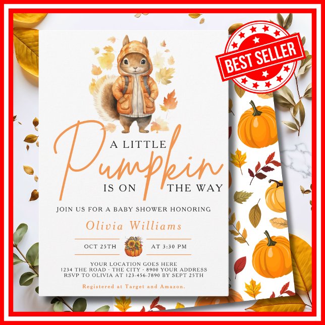 Invitación Un pequeño calabaza cae en otoño SQUIRREL Baby Sho (A Little Pumpkin is on the Way Fall Autumn Squirrel Baby Shower Invitation )