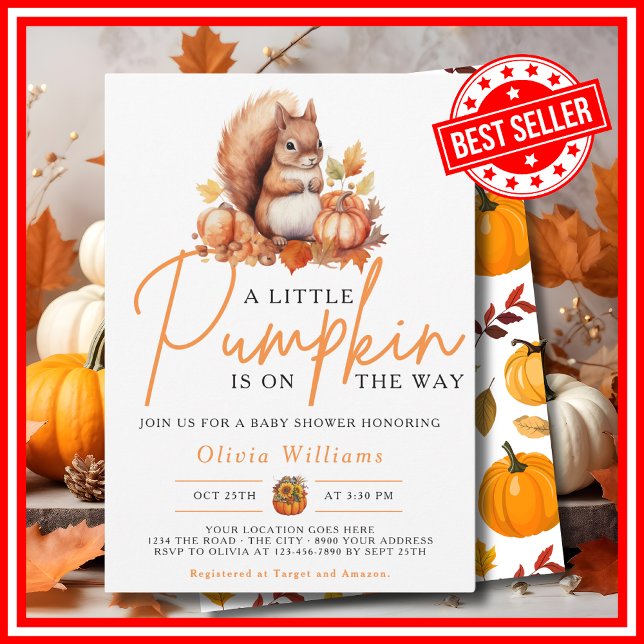 Invitación Un pequeño calabaza cae en otoño SQUIRREL Baby Sho (A Little Pumpkin is on the Way Fall Autumn Squirrel Baby Shower Invitation)