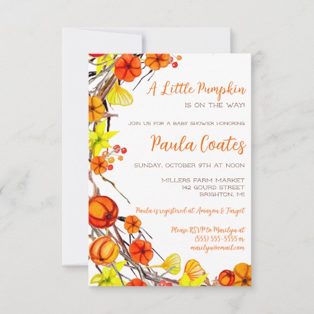 Invitación Un pequeño calabaza de otoño Wreath Baby Shower (Anverso)