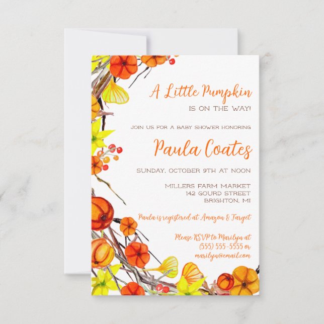 Invitación Un pequeño calabaza de otoño Wreath Baby Shower (Anverso)