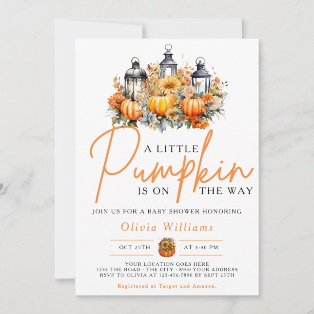 Invitación Un pequeño calabaza en el otoño de la floral Baby  (Anverso)