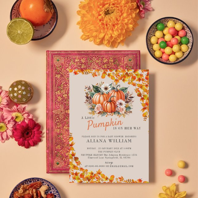Invitación Un pequeño calabaza en el otoño de la floral Baby  (Subido por el creador)