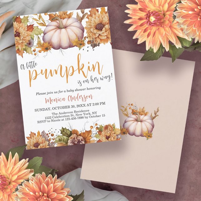 Invitación Un pequeño calabaza en el otoño de la floral Baby  (A Little Pumpkin Autumn Fall Floral Baby Shower Invitation)