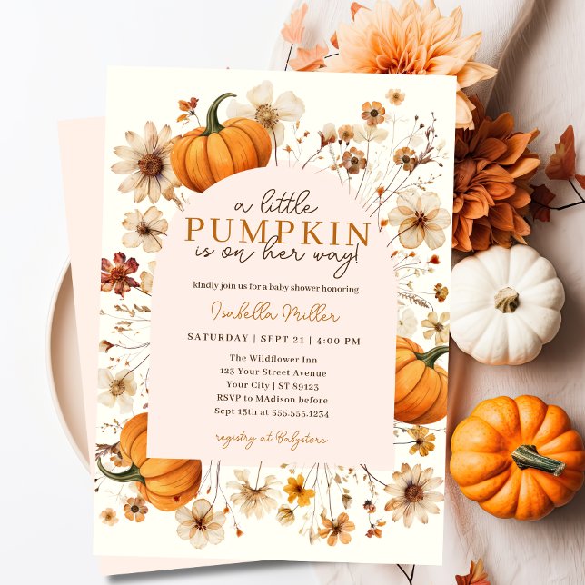 Invitación Un pequeño calabaza en el otoño de la floral Baby  (fall pumpkin baby shower invite)