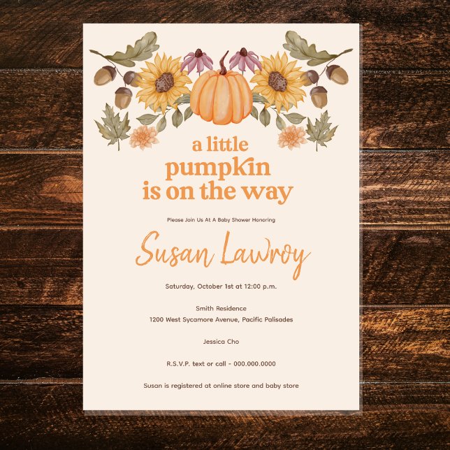 Invitación Un pequeño calabaza en el otoño de la floral Baby  (Baby Shower - Little Pumpkin - Fall - Autumn - Harvest - Floral)
