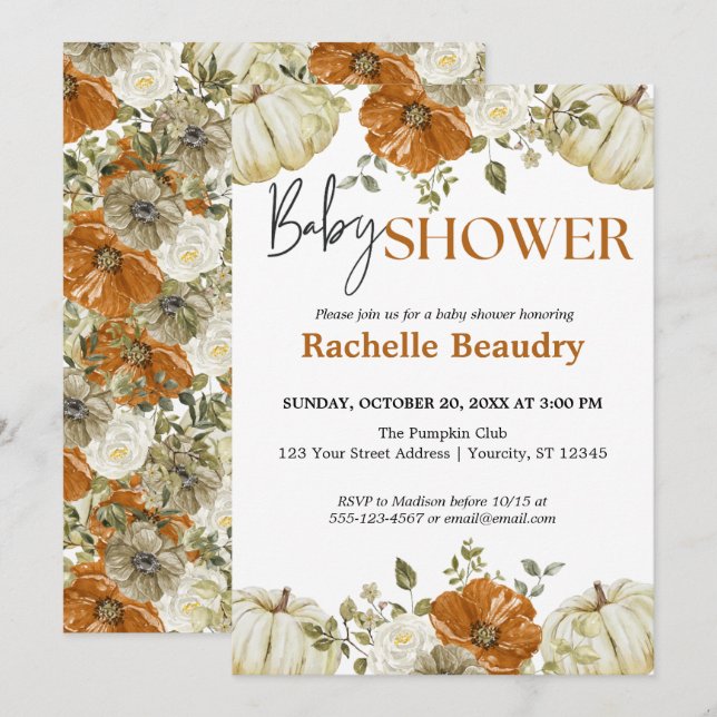 Invitación Un pequeño calabaza en el otoño de la floral Baby  (Anverso / Reverso)