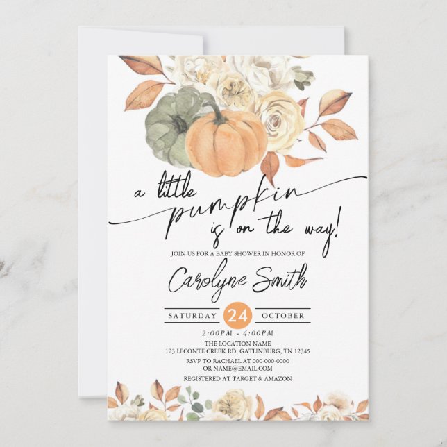 Invitación Un pequeño calabaza en el otoño de la floral Baby  (Anverso)