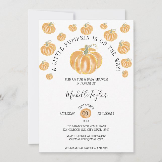 Invitación Un Pequeño Calabaza Otoño Cae Baby Shower Floral E (Anverso)