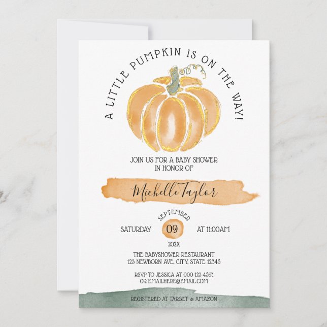 Invitación Un Pequeño Calabaza Otoño Cae Baby Shower Floral E (Anverso)