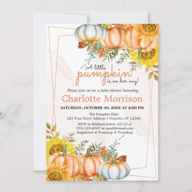Invitación Un Pequeño Calabaza Otoño Cae Baby Shower Floral E (Anverso)