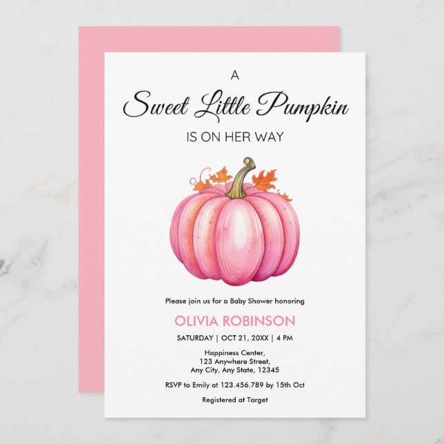 Invitación Un pequeño calabaza otoño otoño Chica rosado Baby  (Anverso / Reverso)