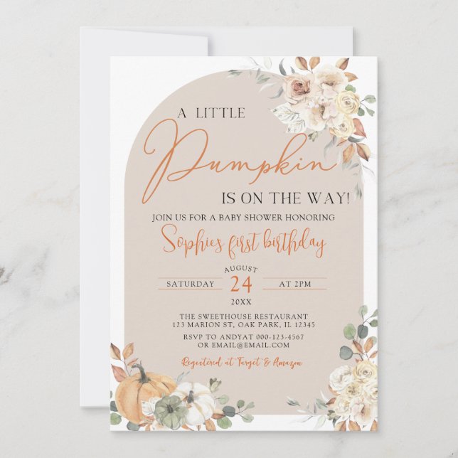 Invitación Un pequeño calabaza otoño otoño floral 1er cumplea (Anverso)