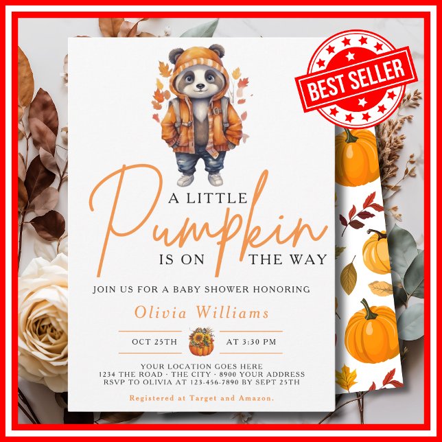 Invitación Un pequeño calabaza otoño PANDA Baby Shower (A Little Pumpkin is on the Way Fall Autumn CUTE PANDA Baby Shower Invitation)