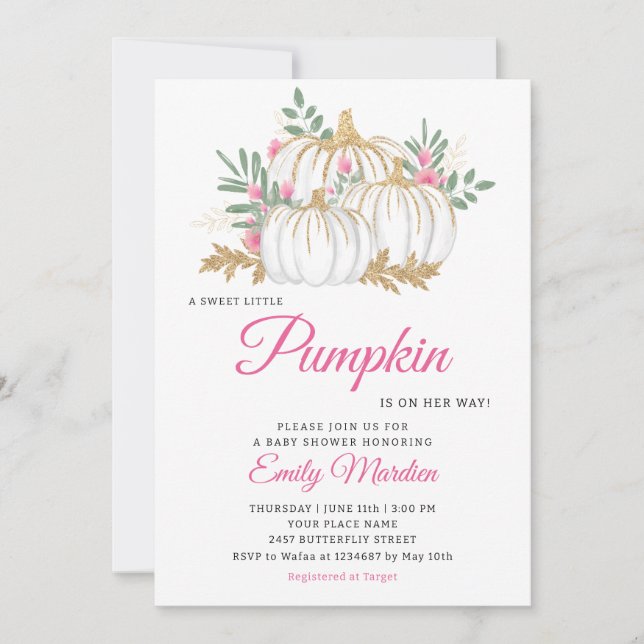 Invitación Un pequeño calabaza rosa Boho chica Floral Baby Sh (Anverso)