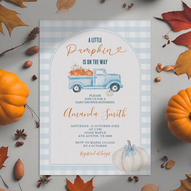 Invitación Un pequeño camión azul de calabaza Gingham Baby Sh (Subido por el creador)