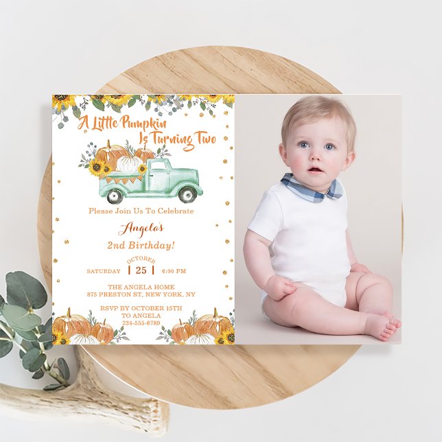Invitación Un pequeño camión azul de calabaza segundo cumplea (Subido por el creador)