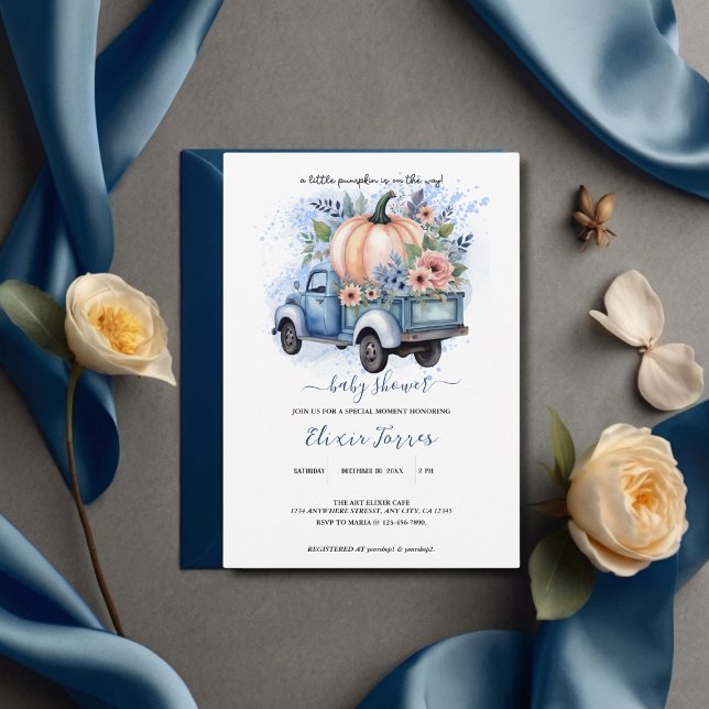 Invitación Un pequeño camión de calabaza azul acuarela Baby S (Subido por el creador)