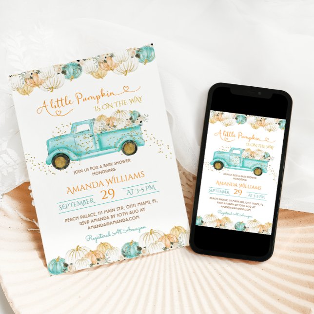 Invitación Un pequeño camión de calabaza Baby Shower Green (Subido por el creador)
