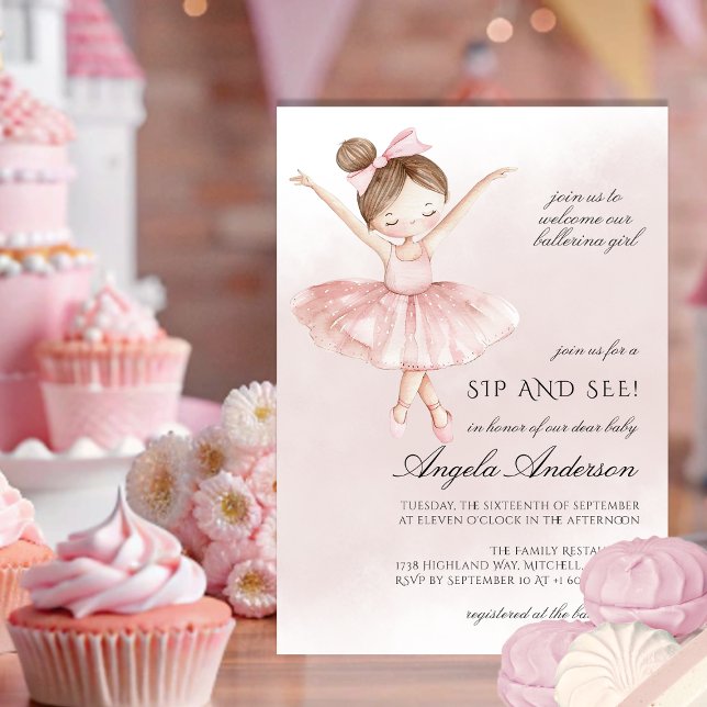 Invitación Un pequeño Chica Ballerina Watercolor Sip y See (A Little Ballerina Watercolor Girl Sip and See Invitation)