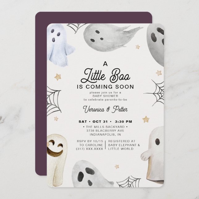 Invitación Un pequeño Chica de Boo morado Halloween Baby Show (Anverso / Reverso)