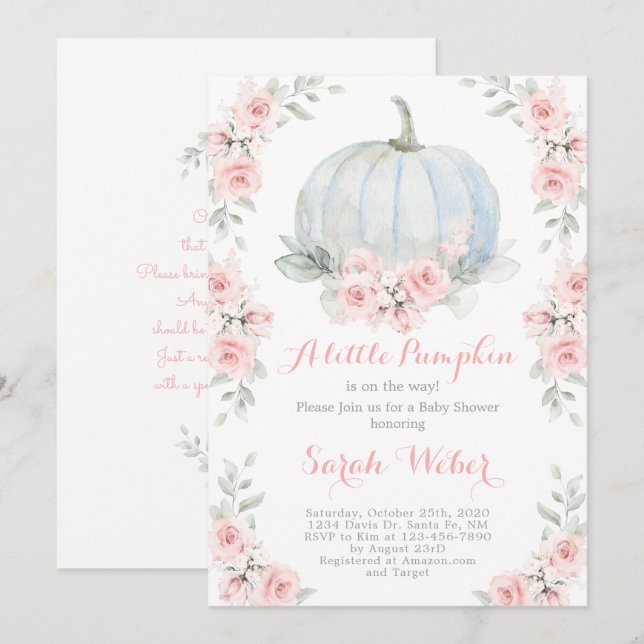 Invitación Un pequeño chica de calabaza rosa cae bebé ducha (Anverso / Reverso)