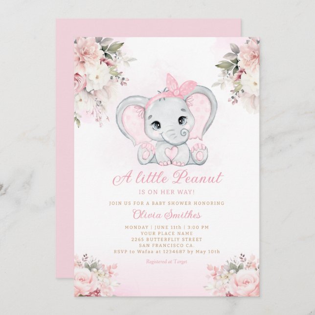Invitación Un pequeño Chica de Elefante Floral de cacahuete B